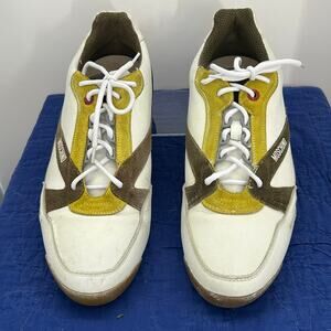 Moschino Leather Sneakers White Brown Yellow Low Top Logo Shoes Size 44